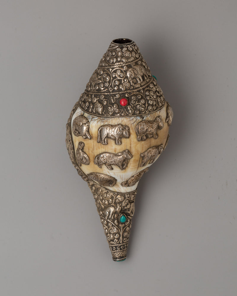 Tibetan Conch Sankha with 97.5% Silver | Spiritual Buddhist Shell