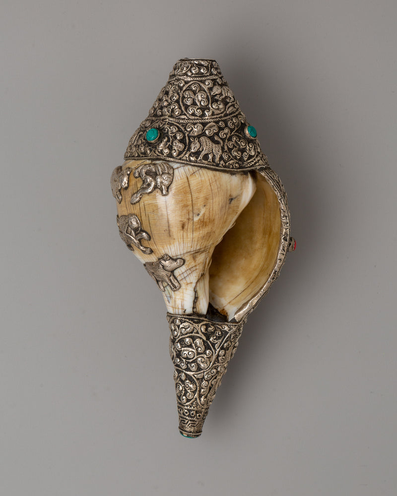 Tibetan Conch Sankha with 97.5% Silver | Spiritual Buddhist Shell