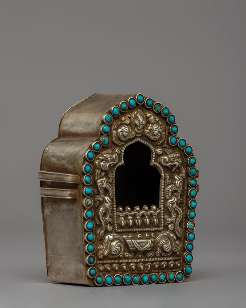 Silver Ghau Box with Turquoise | Sacred Buddhist Amulet of Positive Energy