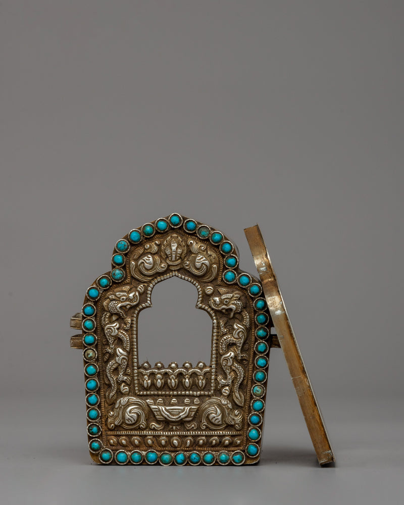 Silver Ghau Box with Turquoise | Sacred Buddhist Amulet of Positive Energy