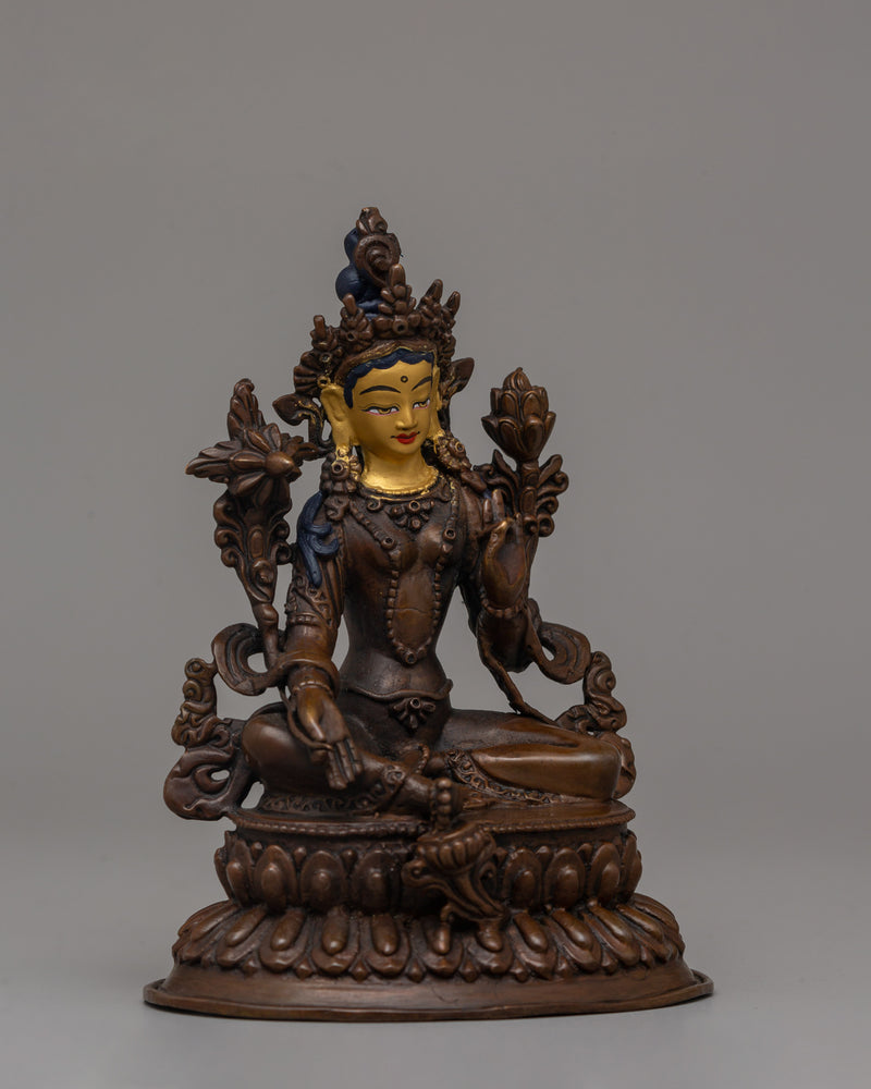 Beautiful Green Tara Statue | Oxidized Copper with Gold Face