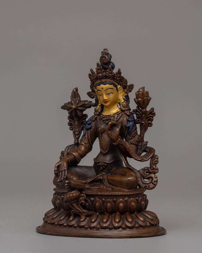 Beautiful Green Tara Statue | Oxidized Copper with Gold Face