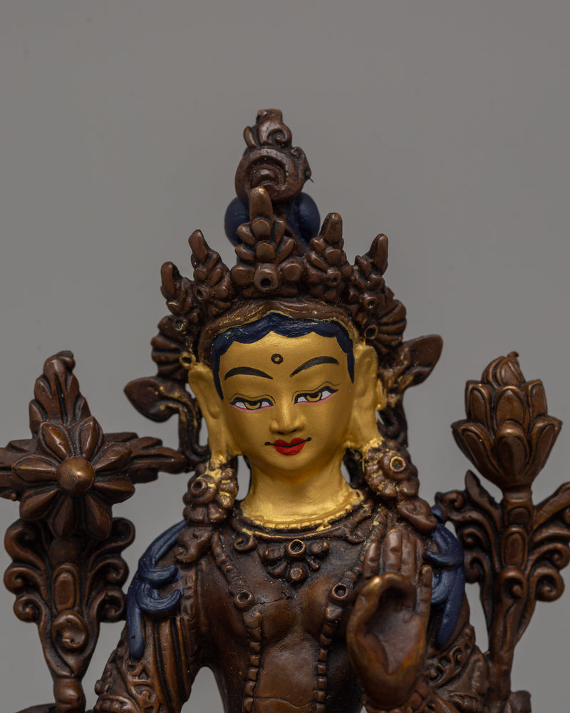 Beautiful Green Tara Statue | Oxidized Copper with Gold Face