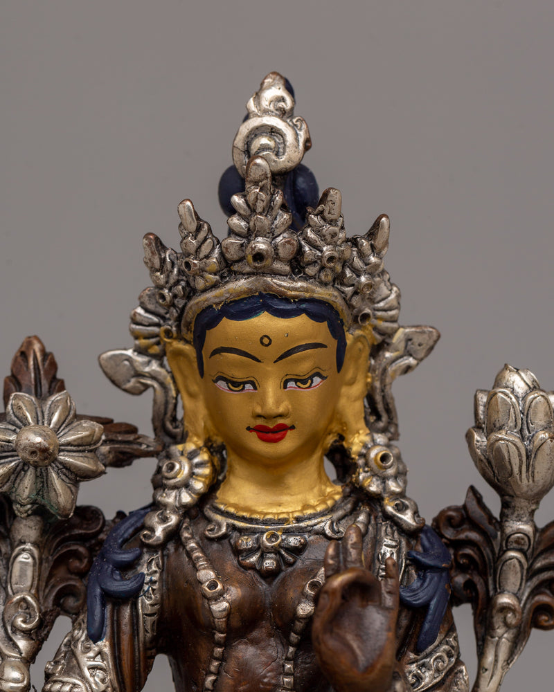 Silver-Plated Green Tara Statue | Meditation and Spiritual Decor\