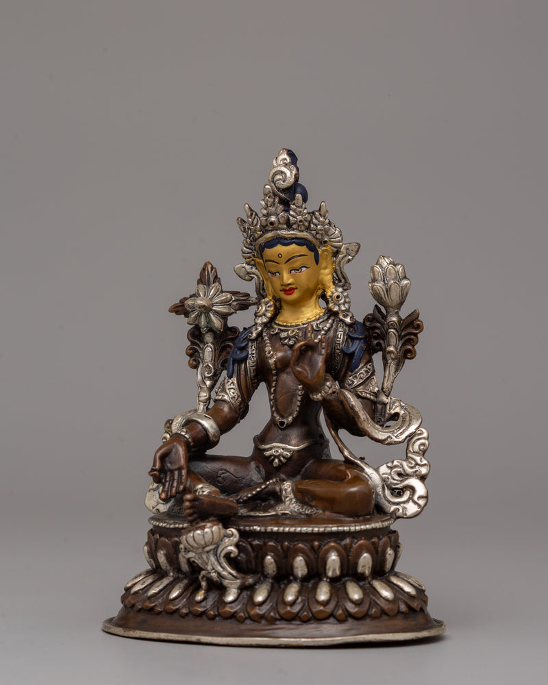 Silver-Plated Green Tara Statue | Meditation and Spiritual Decor\