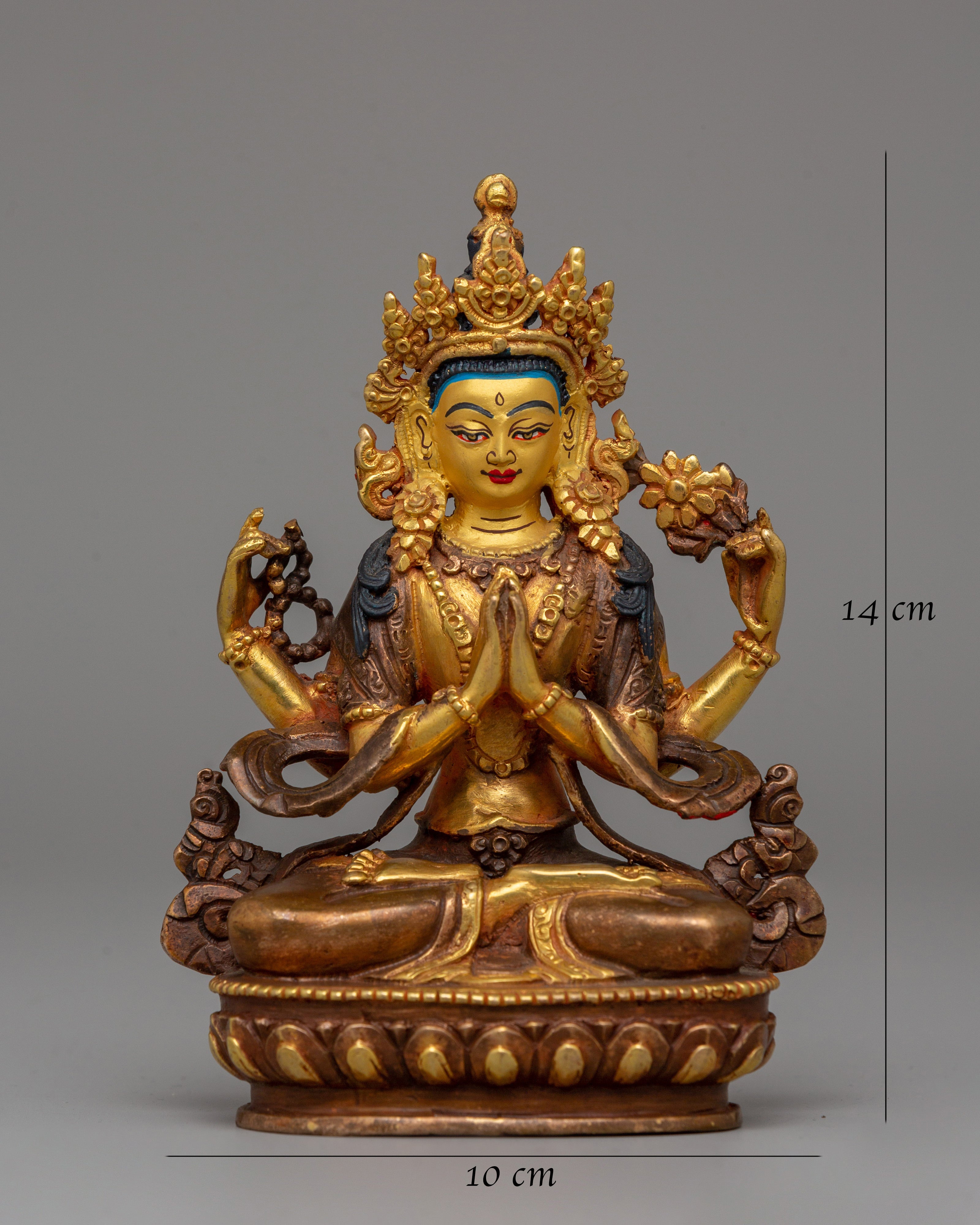 Gold Plated Chenrezig Statue | Avalokiteshvara Copper Buddha