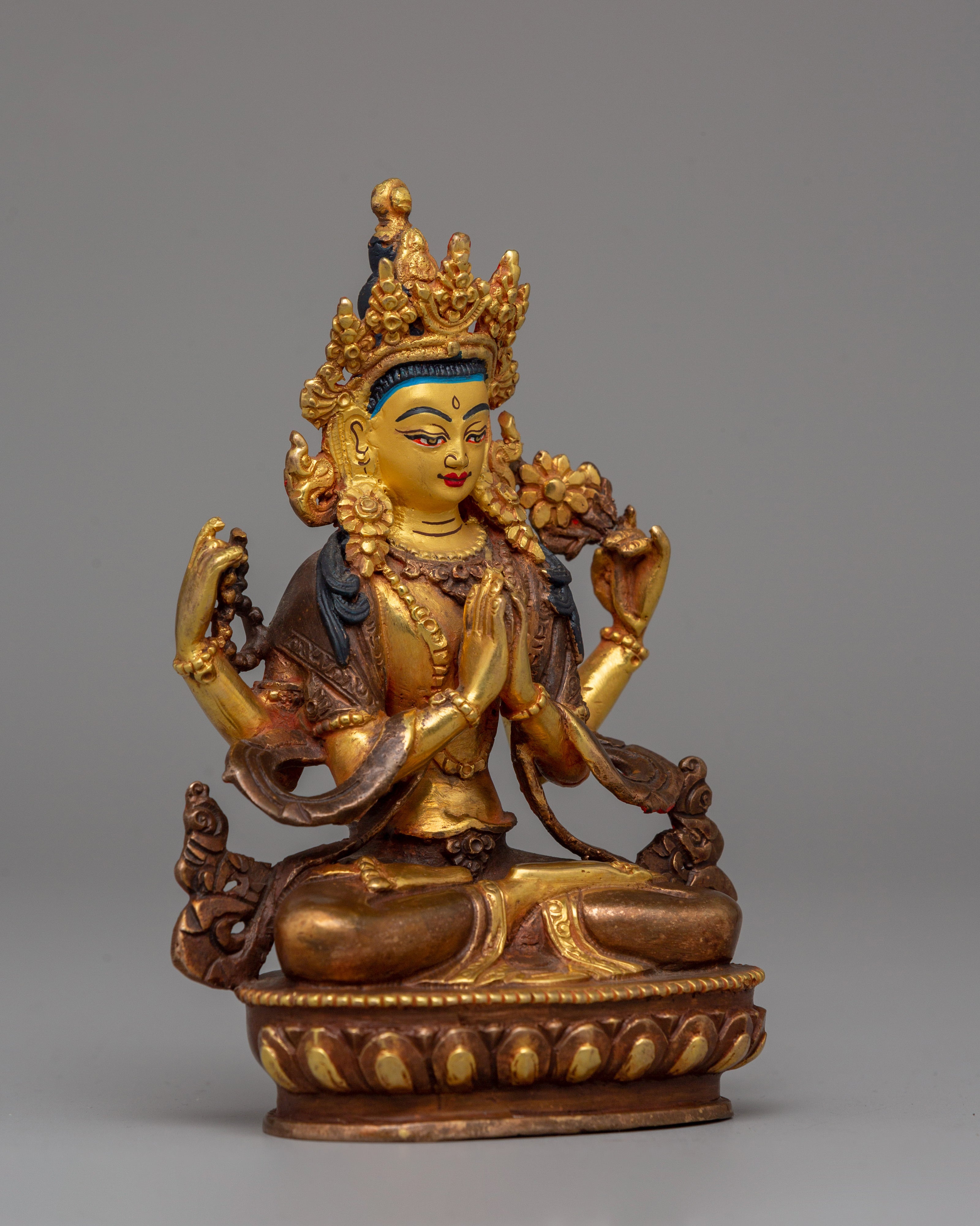 Gold Plated Chenrezig Statue | Avalokiteshvara Copper Buddha
