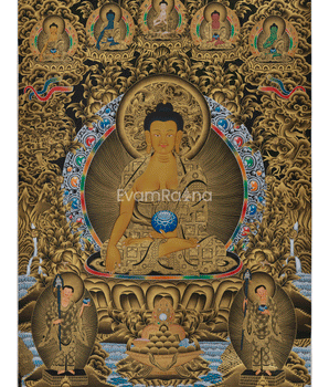 gold-thangka-of-shakyamuni-buddha-five-dhyani-buddhas-with-two-disciples