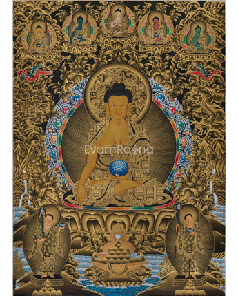 gold-thangka-of-shakyamuni-buddha-five-dhyani-buddhas-with-two-disciples
