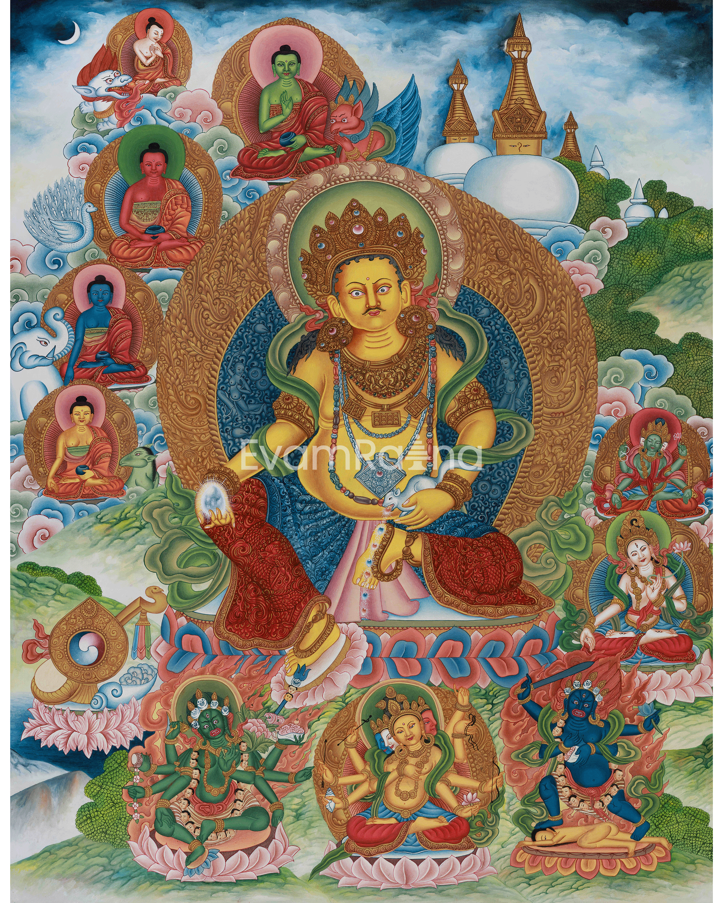 yellow-dzambhala-the-wealth-deity-thangka-prosperity-thangka-with-five-dhyani-buddhas
