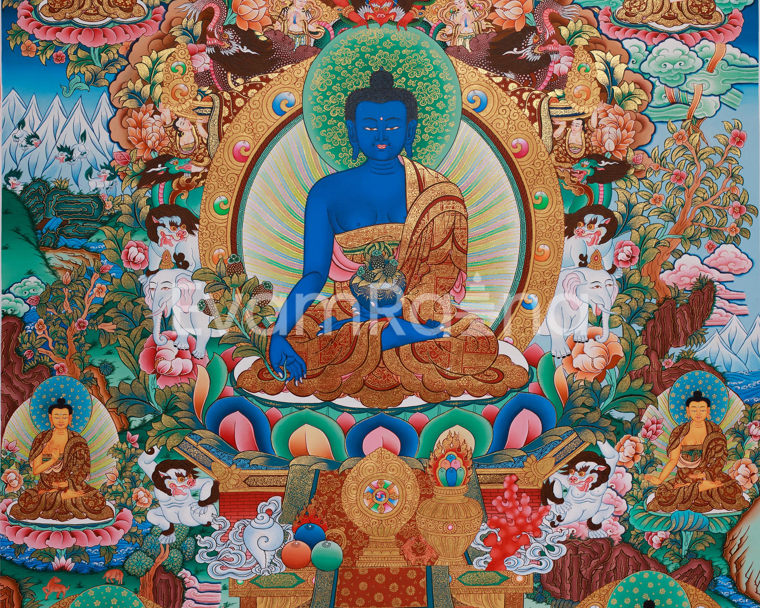 Eight Medicine Buddha Thangka | Hand-Painted in Traditional Style with 24K Gold | Healing Deities | Bhaisajyaguru Arts | Large Artwork