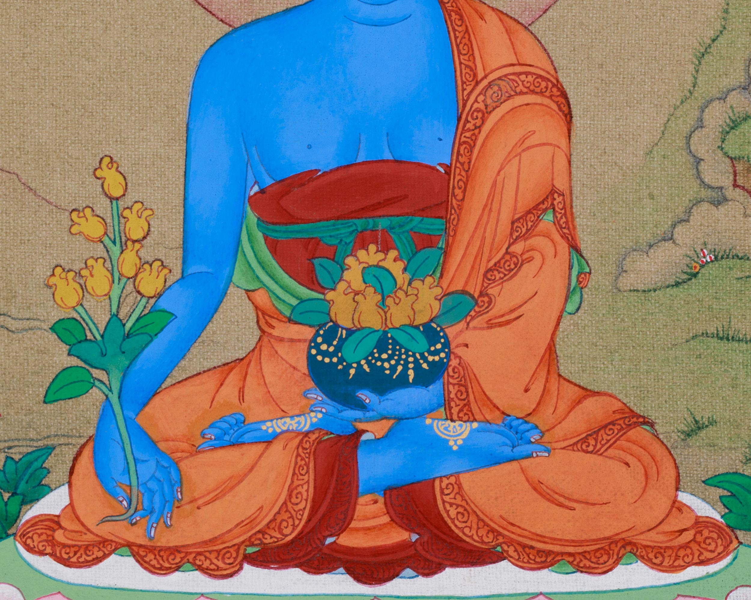 Hand-Painted Meditating Medicine Buddha Thangka | The Healing Buddha
