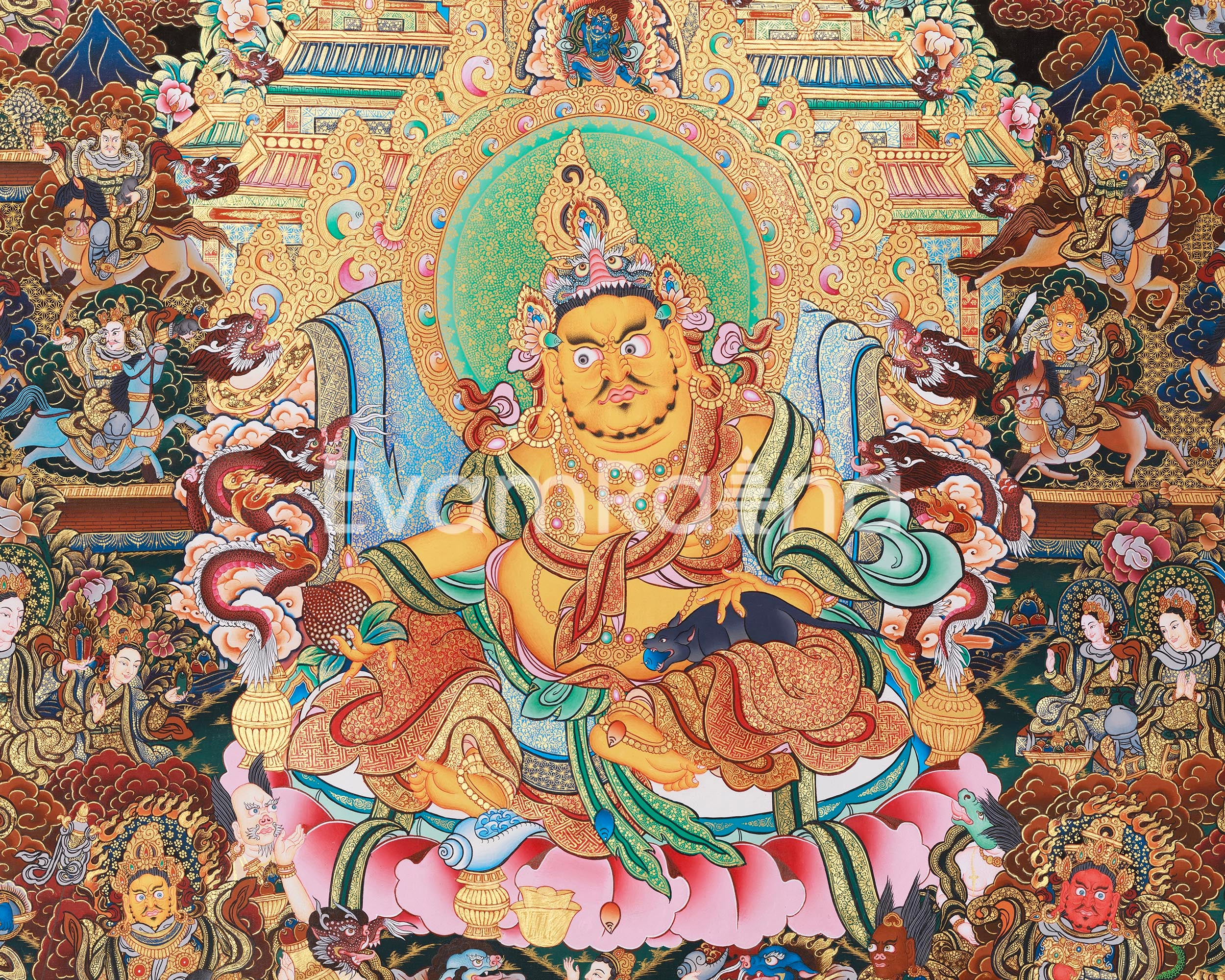Grand Tibetan Dzambhala Thangka | Hand-Painted Tibetan Wealth Deity Art