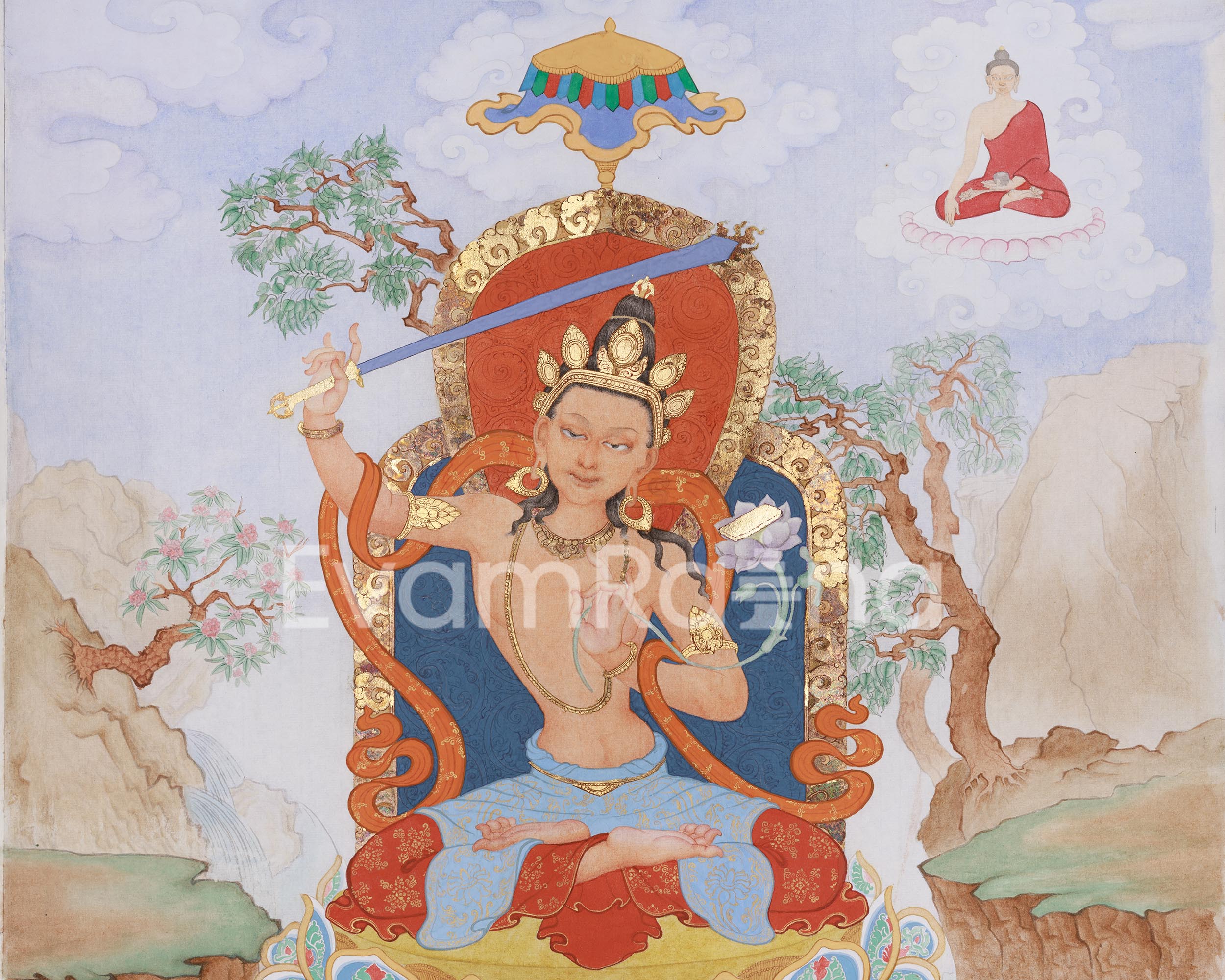 Rare & Unique Artwork of Manjushri | Contemporary Fusion of Paubha & Chinese Artistry