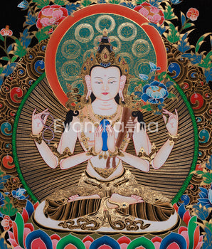 Four Armed Chenrezig Artwork |  Tibetan Thangka of the Bodhisattva of Compassion