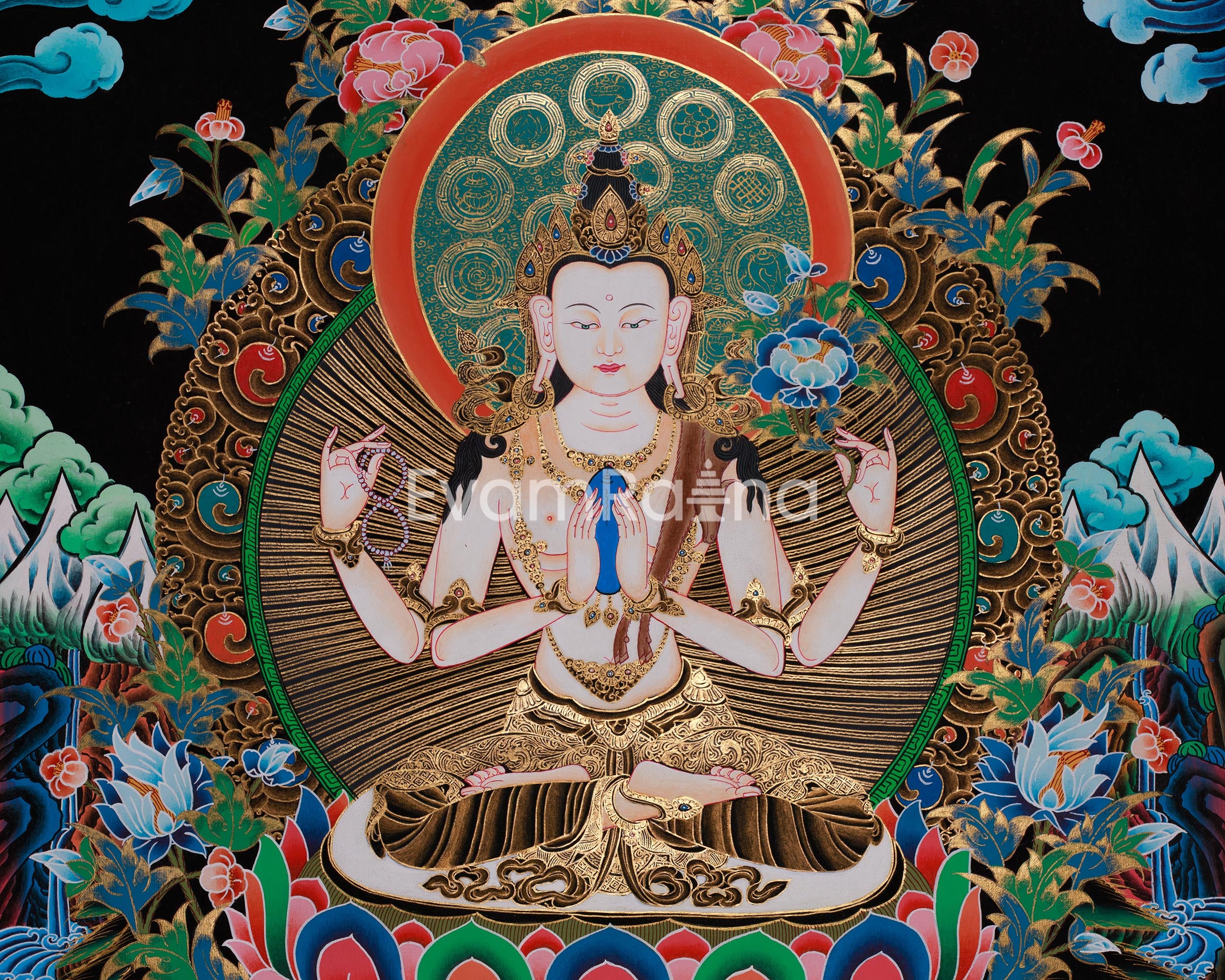 Four Armed Chenrezig Artwork |  Tibetan Thangka of the Bodhisattva of Compassion