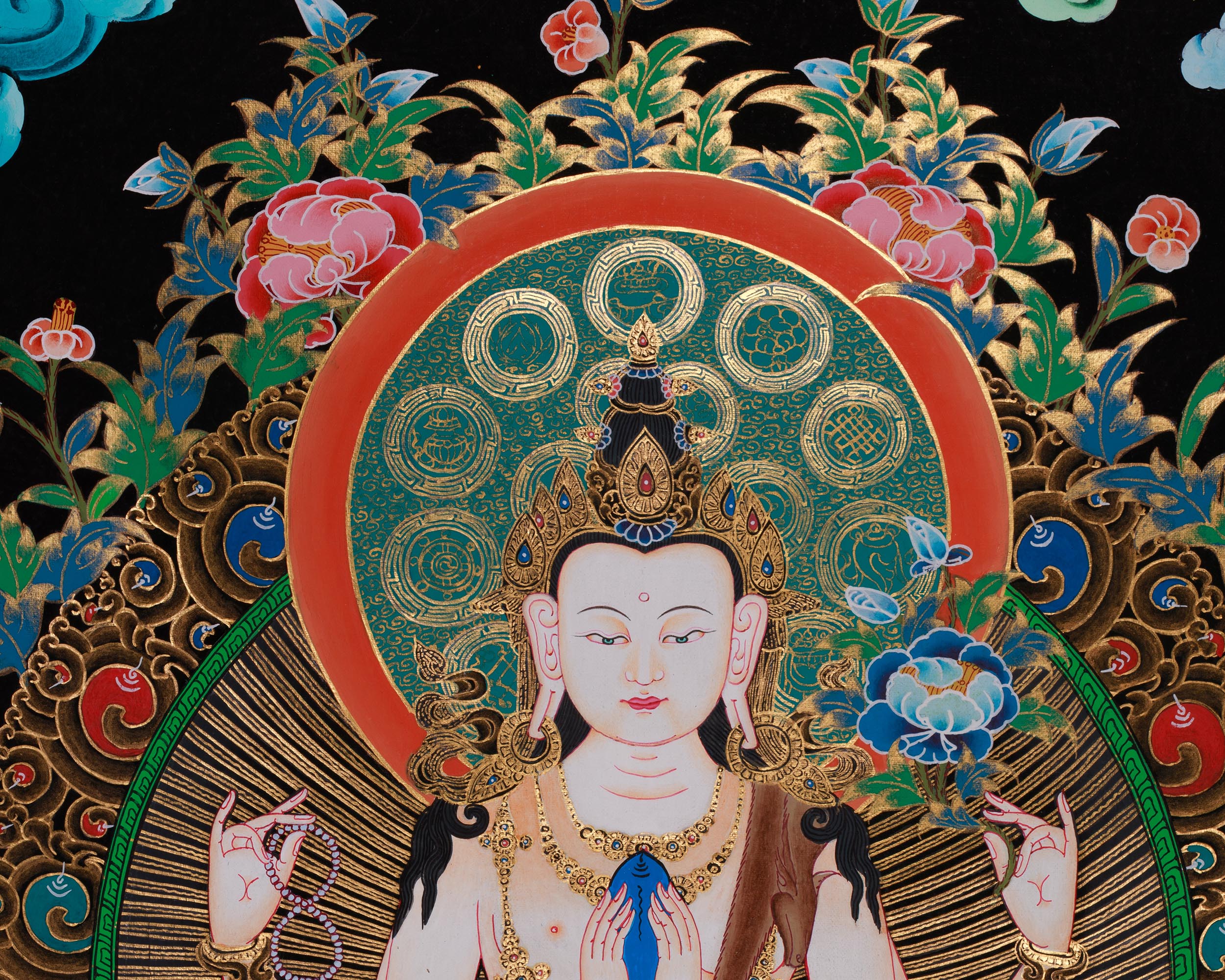 Four Armed Chenrezig Artwork |  Tibetan Thangka of the Bodhisattva of Compassion