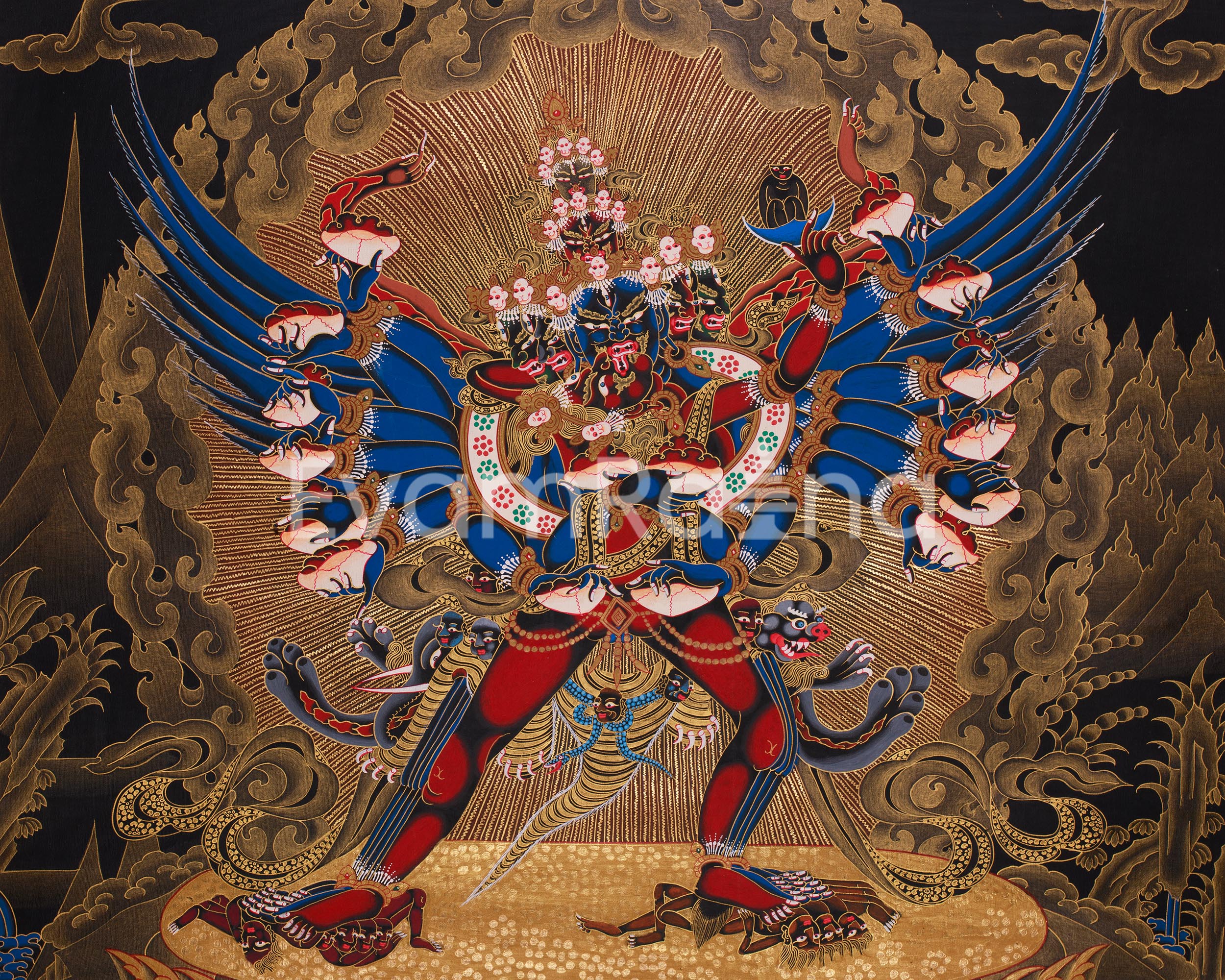 Chemchok Heruka with Consort |  Wrathful Tibetan Deity Thangka of Wisdom and Transformation
