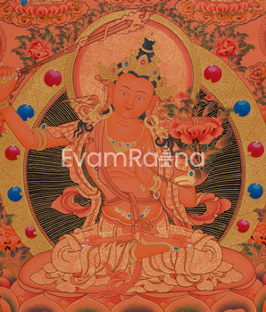 Manjushri with Five Buddhas & Bodhisattvas |  Sacred Thangka of Wisdom and Enlightened Energy