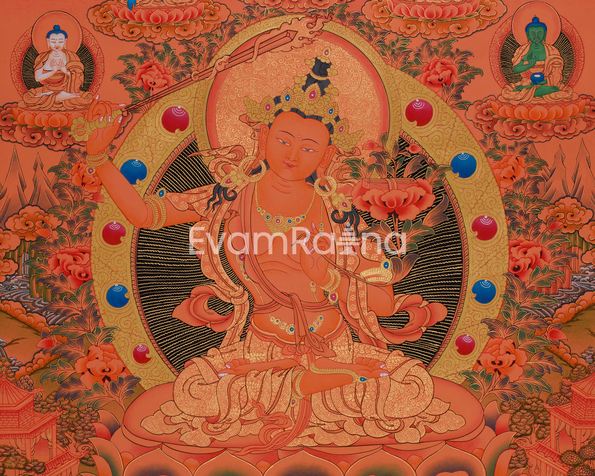 Manjushri with Five Buddhas & Bodhisattvas |  Sacred Thangka of Wisdom and Enlightened Energy