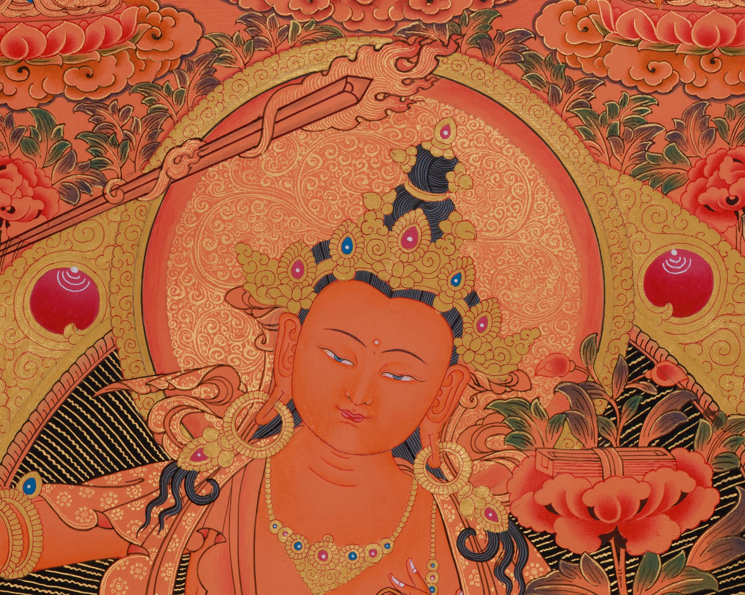 Manjushri with Five Buddhas & Bodhisattvas |  Sacred Thangka of Wisdom and Enlightened Energy