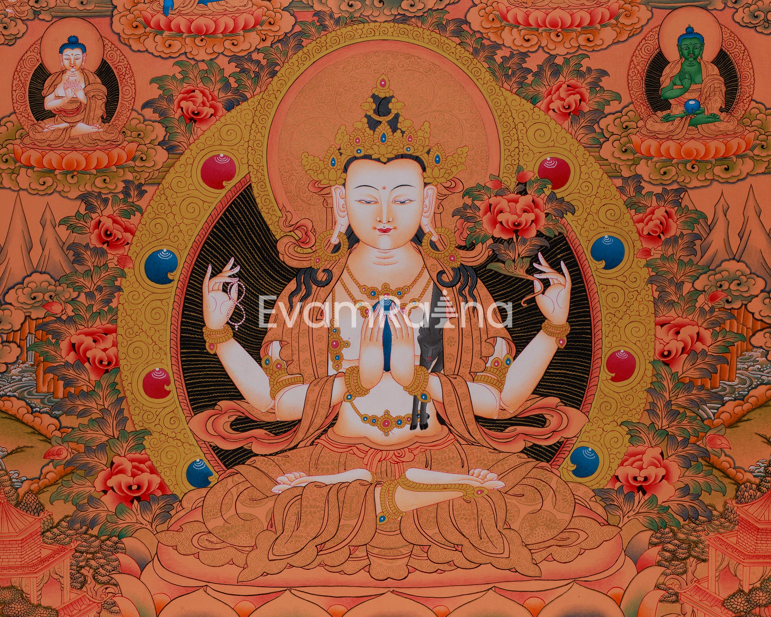 Chenrezig with Five Buddhas and Bodhisattvas | Radiant Compassion in Divine Assembly