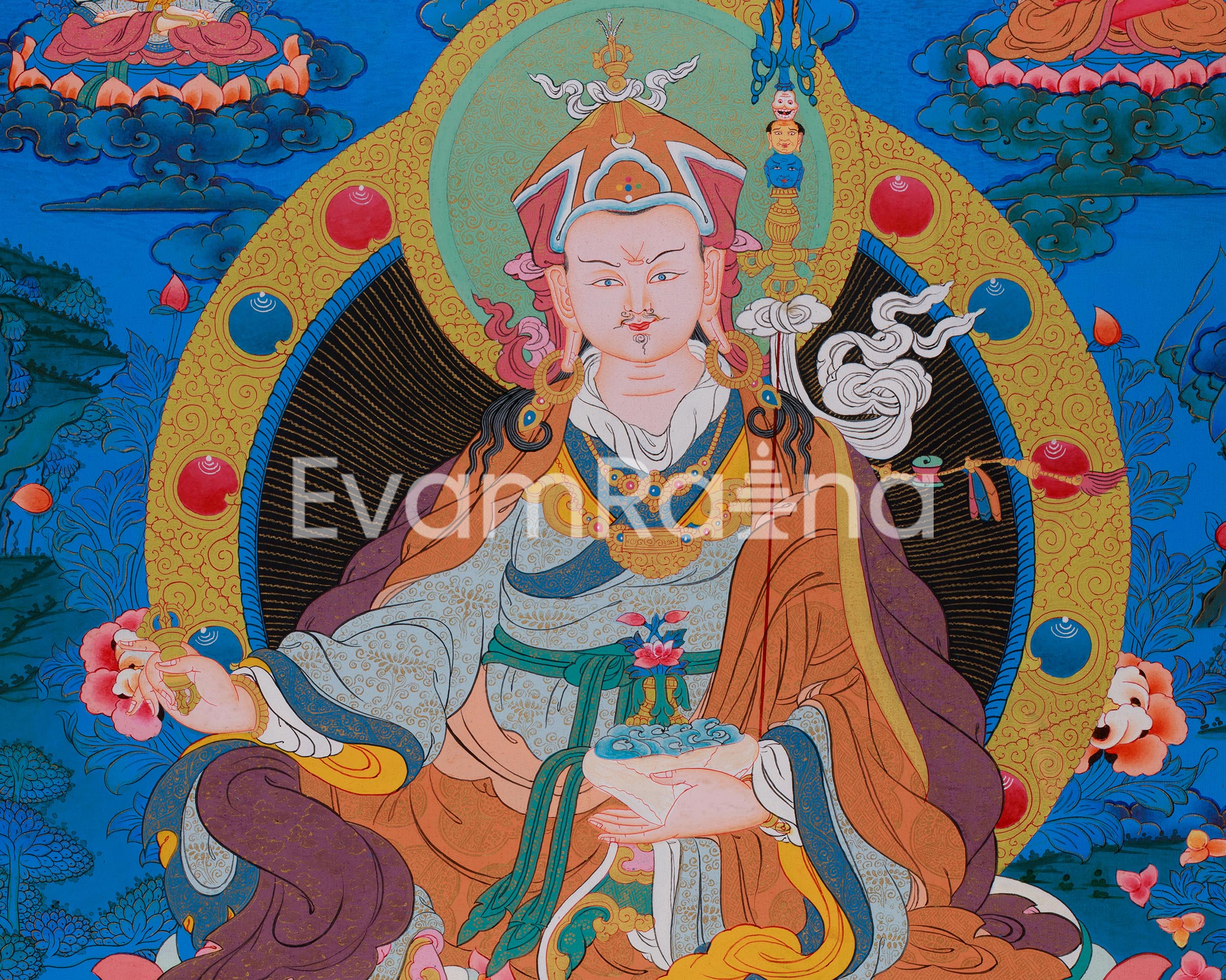 Guru Padmasambhava Artwork | Tibetan Thangka with Enlightened Beings and 24K Gold Detailing
