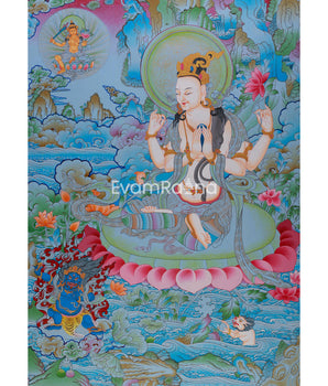 Four Armed Bodhisattva Thangka | Chenrezig Depiction with Manjushri and Vajrapani