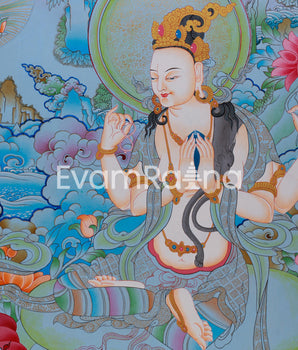 Four Armed Bodhisattva Thangka | Chenrezig Depiction with Manjushri and Vajrapani