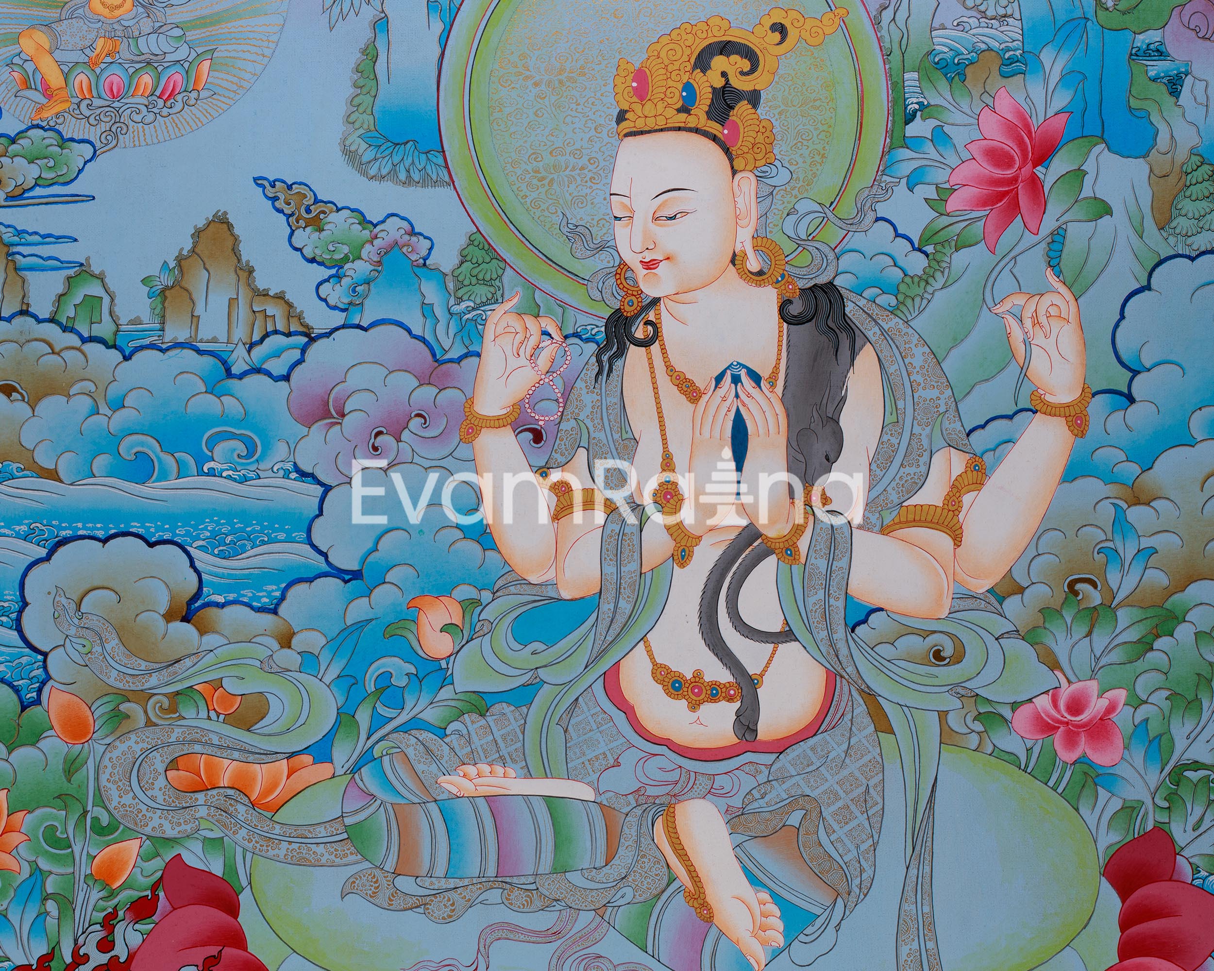 Four Armed Bodhisattva Thangka | Chenrezig Depiction with Manjushri and Vajrapani