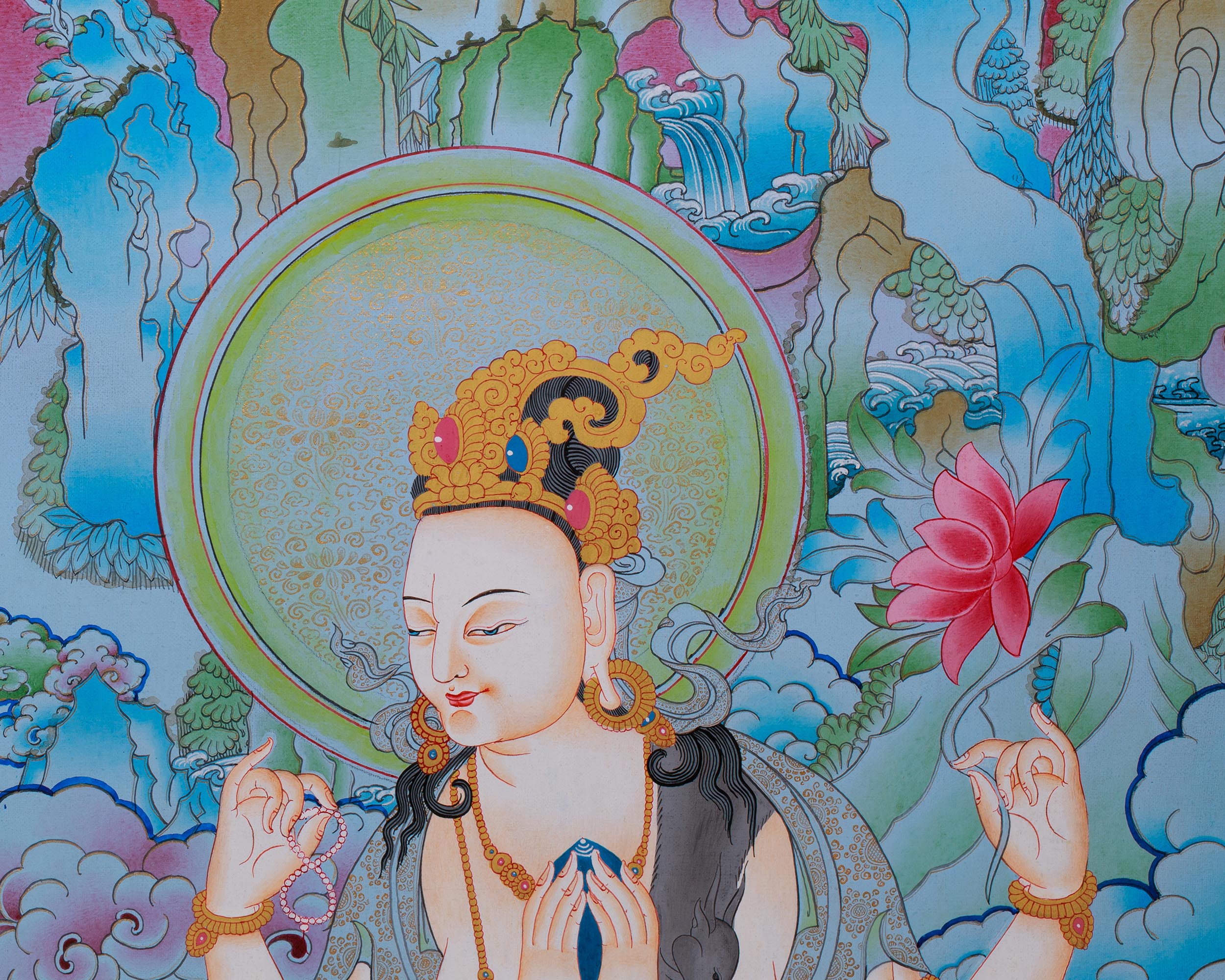 Four Armed Bodhisattva Thangka | Chenrezig Depiction with Manjushri and Vajrapani