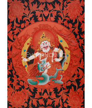 Large White Dzambhala Thangka on Black Canvas | Abundance and Spiritual Protection