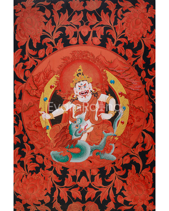 Large White Dzambhala Thangka on Black Canvas | Abundance and Spiritual Protection