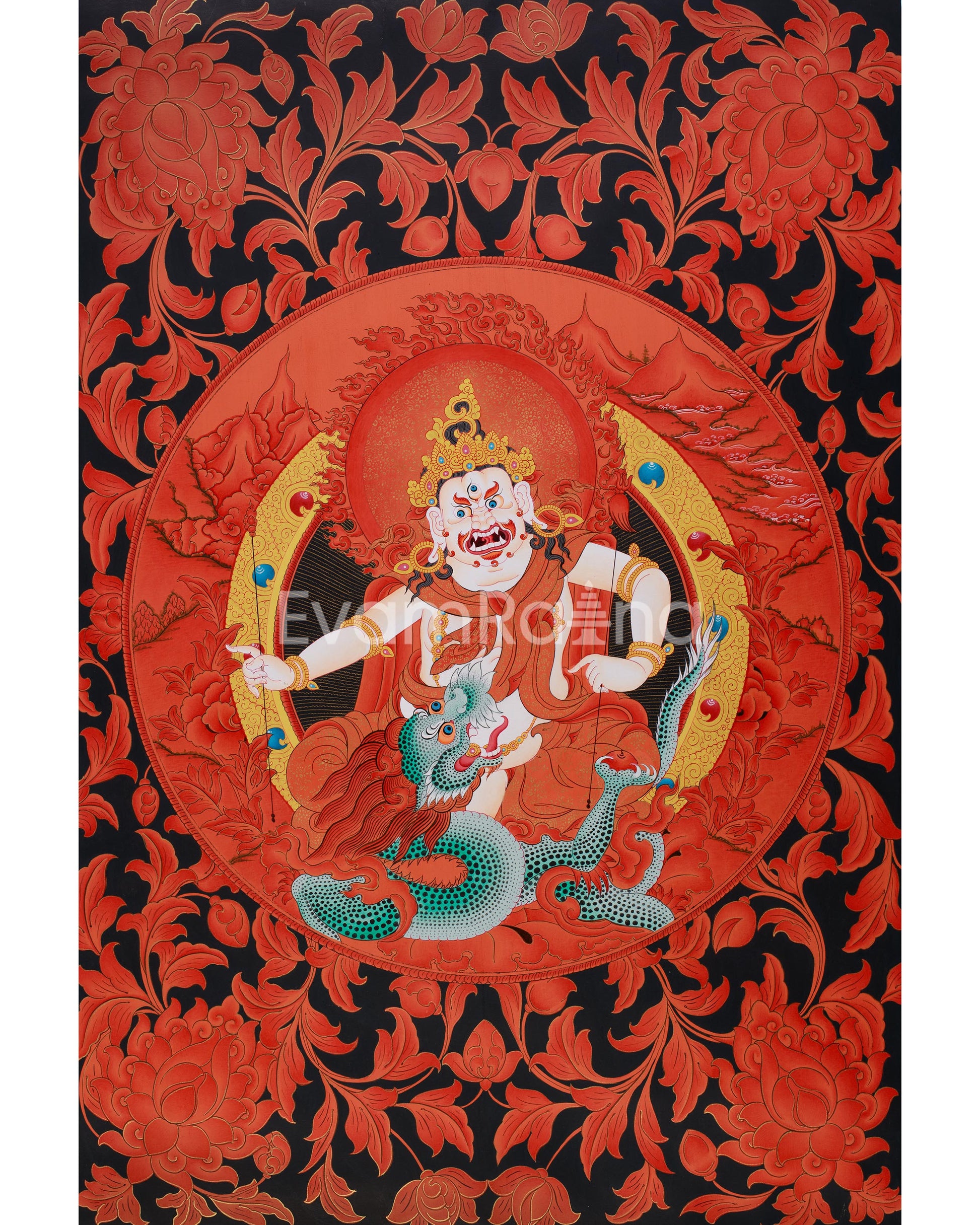 Large White Dzambhala Thangka on Black Canvas | Abundance and Spiritual Protection