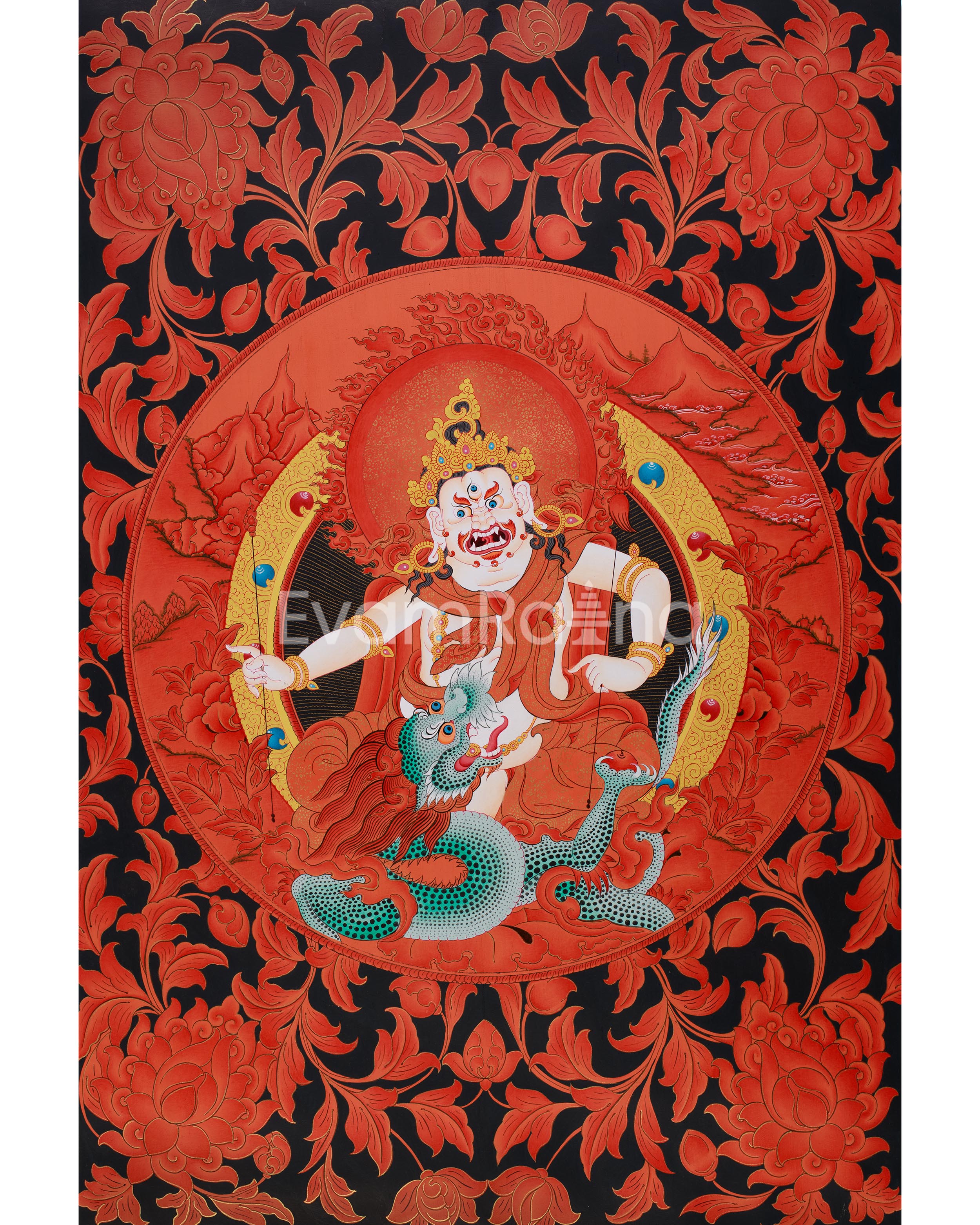 Large White Dzambhala Thangka on Black Canvas | Abundance and Spiritual Protection