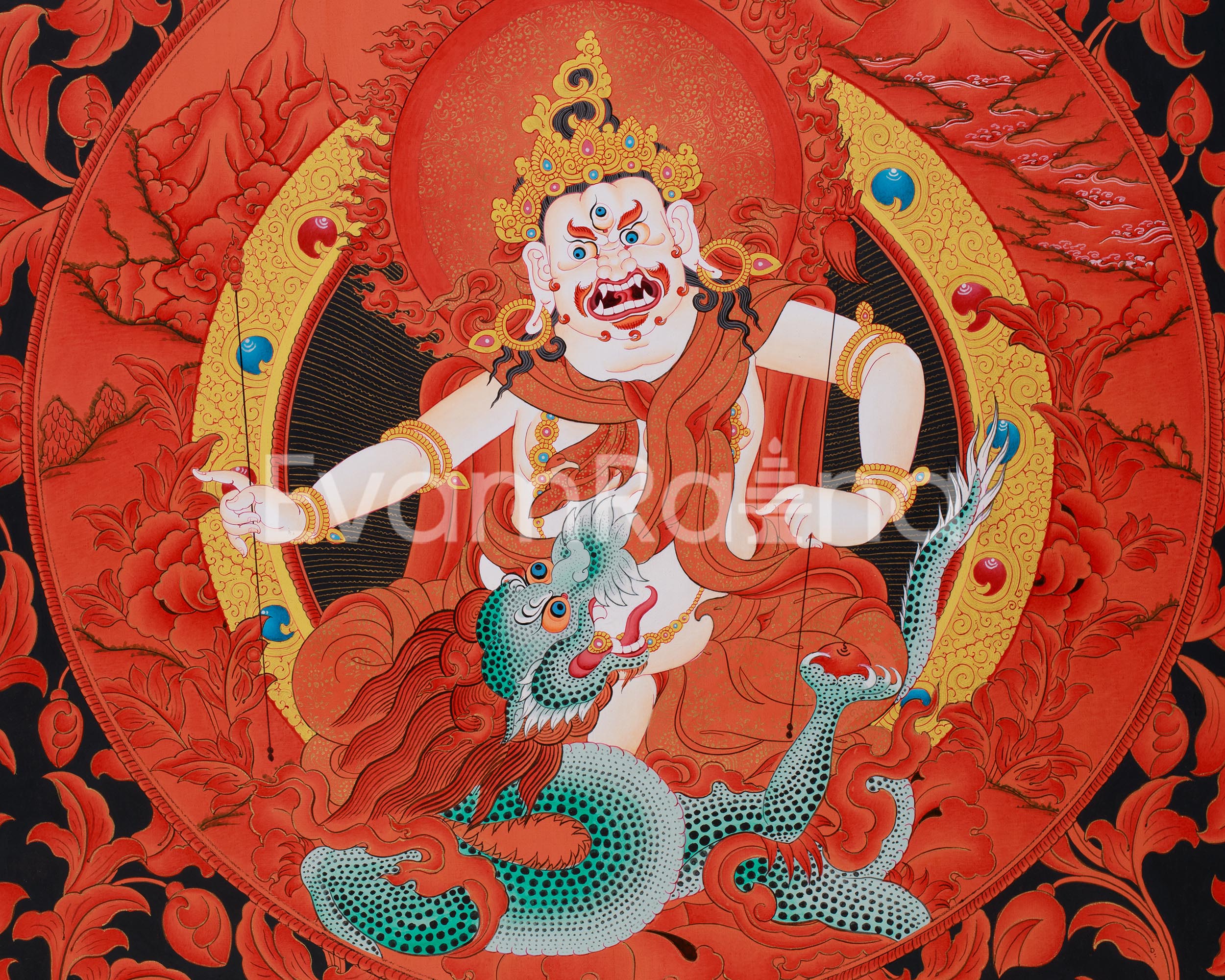 Large White Dzambhala Thangka on Black Canvas | Abundance and Spiritual Protection