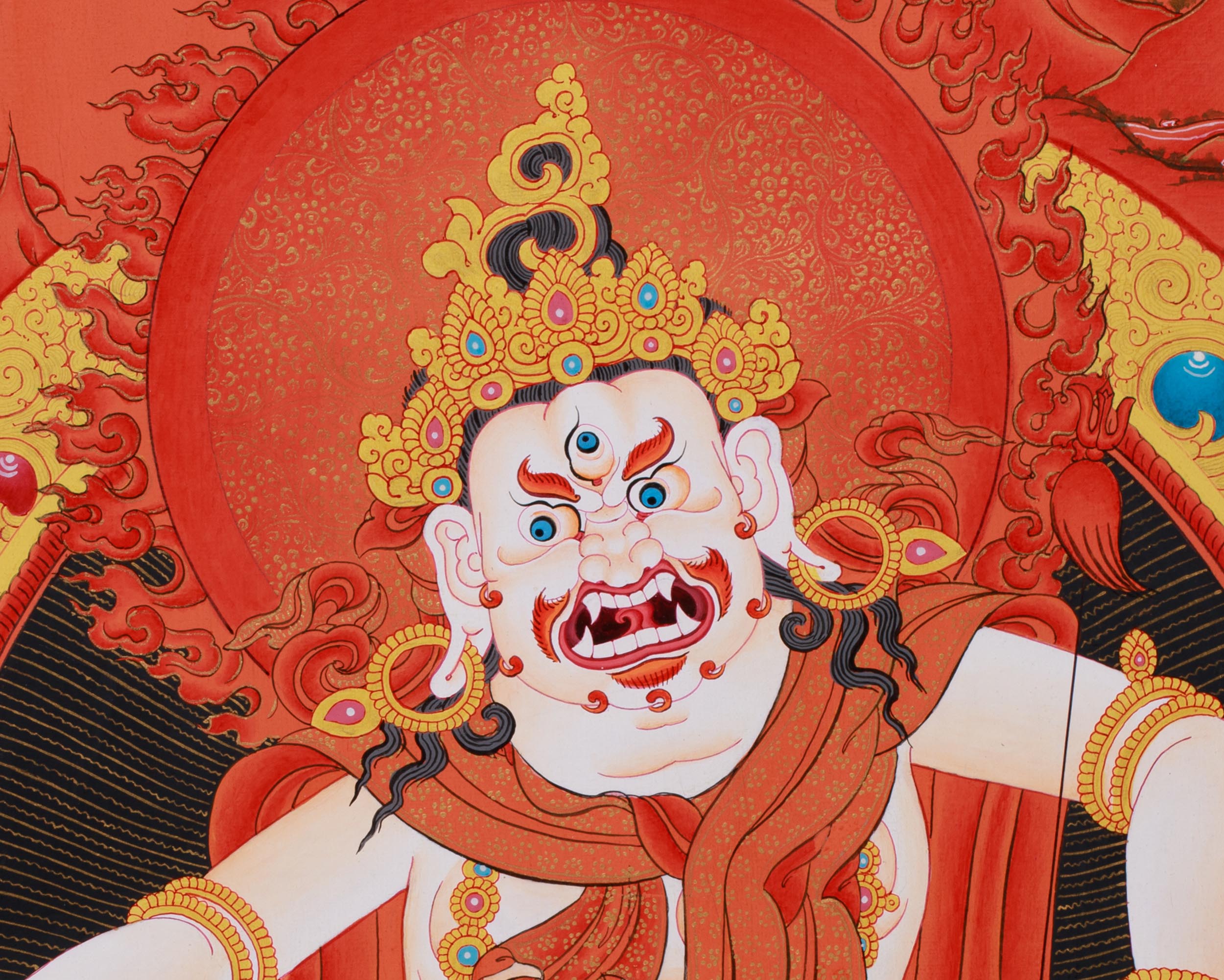 Large White Dzambhala Thangka on Black Canvas | Abundance and Spiritual Protection