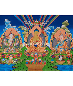 Traditional Buddha Shakyamuni Art | Enlightened One with Guru Rinpoche and Chenrezig