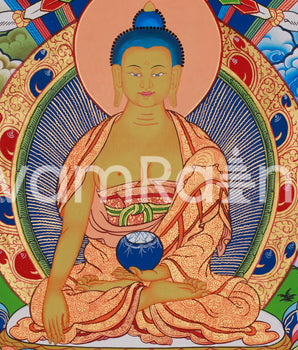 Traditional Buddha Shakyamuni Art | Enlightened One with Guru Rinpoche and Chenrezig