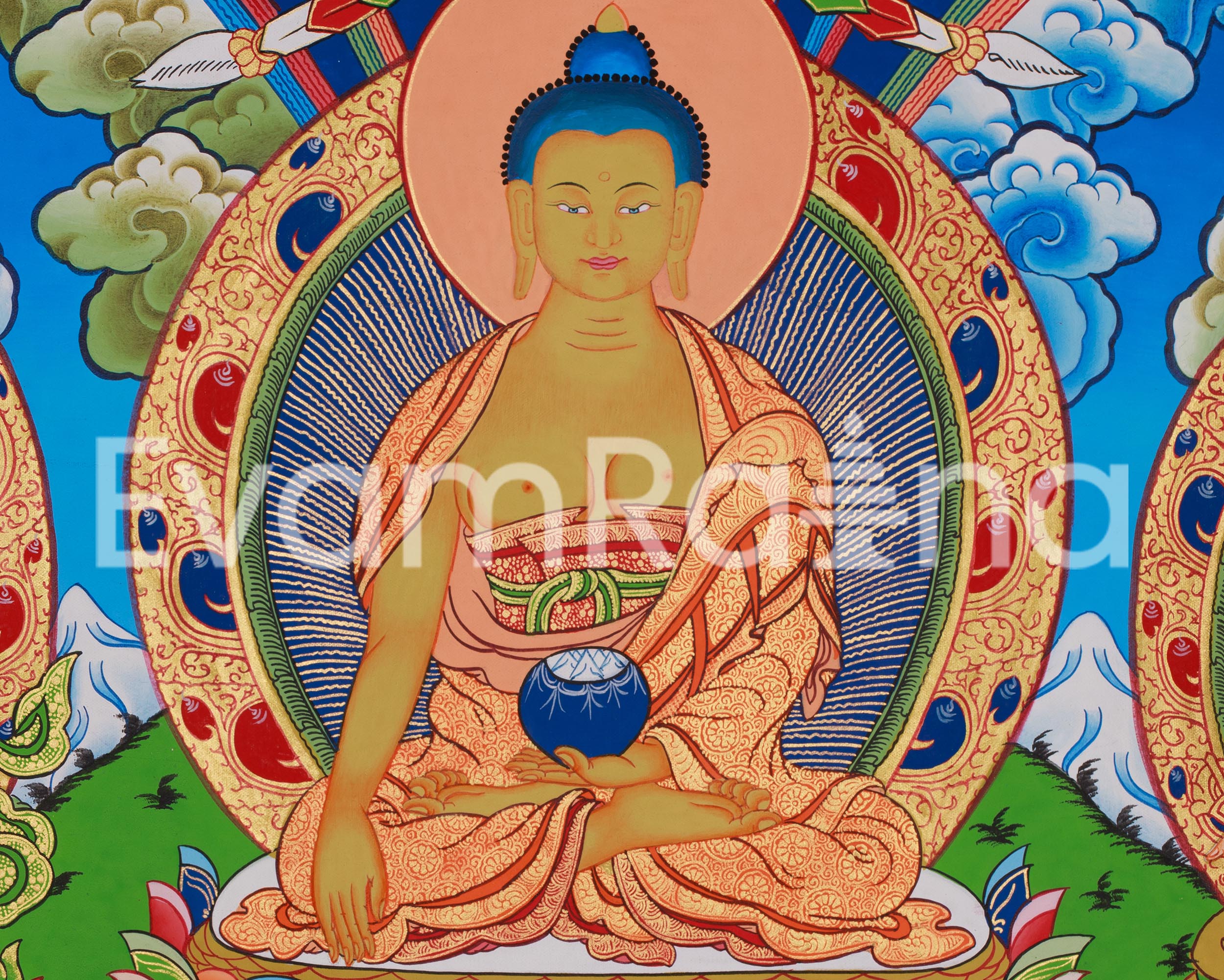 Traditional Buddha Shakyamuni Art | Enlightened One with Guru Rinpoche and Chenrezig
