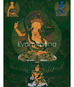 Tibetan Manjushri on Green Canvas | Wisdom Deity with Shakyamuni, Medicine Buddha, and Namtoshe