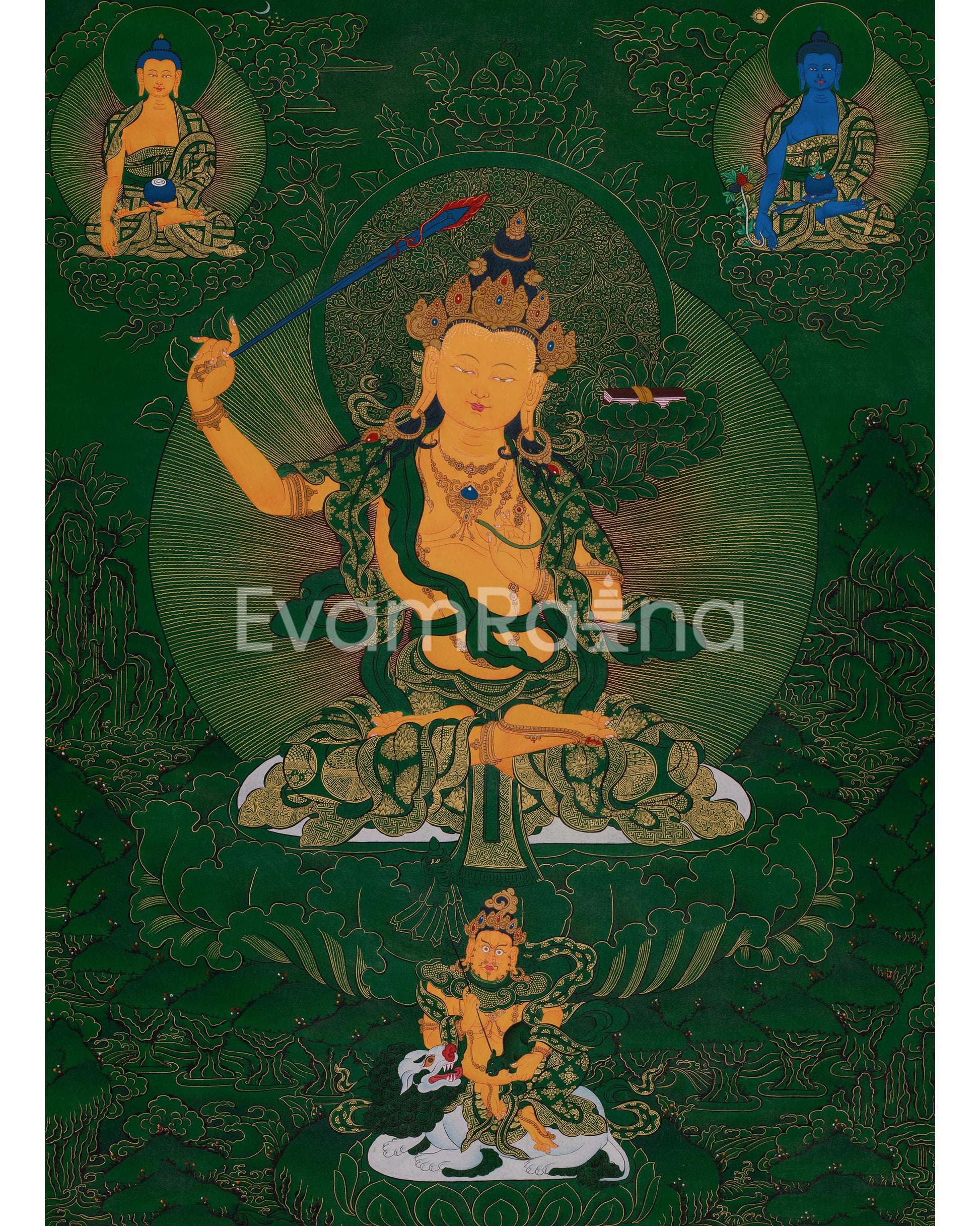 Tibetan Manjushri on Green Canvas | Wisdom Deity with Shakyamuni, Medicine Buddha, and Namtoshe