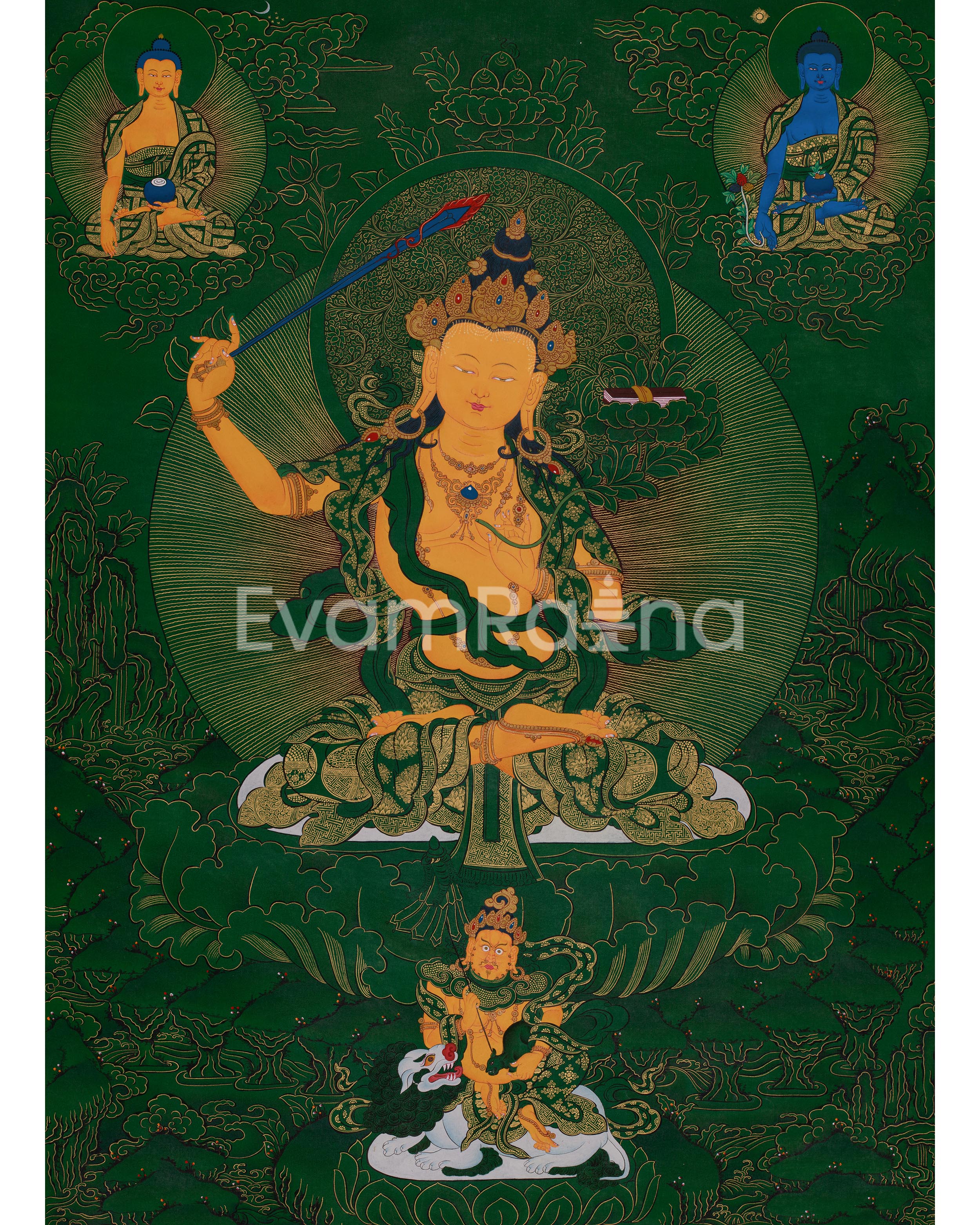 Tibetan Manjushri on Green Canvas | Wisdom Deity with Shakyamuni, Medicine Buddha, and Namtoshe