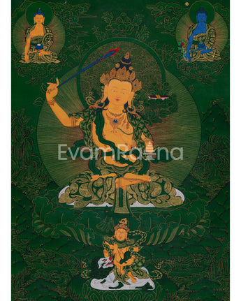 Tibetan Manjushri on Green Canvas | Wisdom Deity with Shakyamuni, Medicine Buddha, and Namtoshe