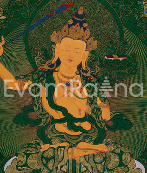 Tibetan Manjushri on Green Canvas | Wisdom Deity with Shakyamuni, Medicine Buddha, and Namtoshe