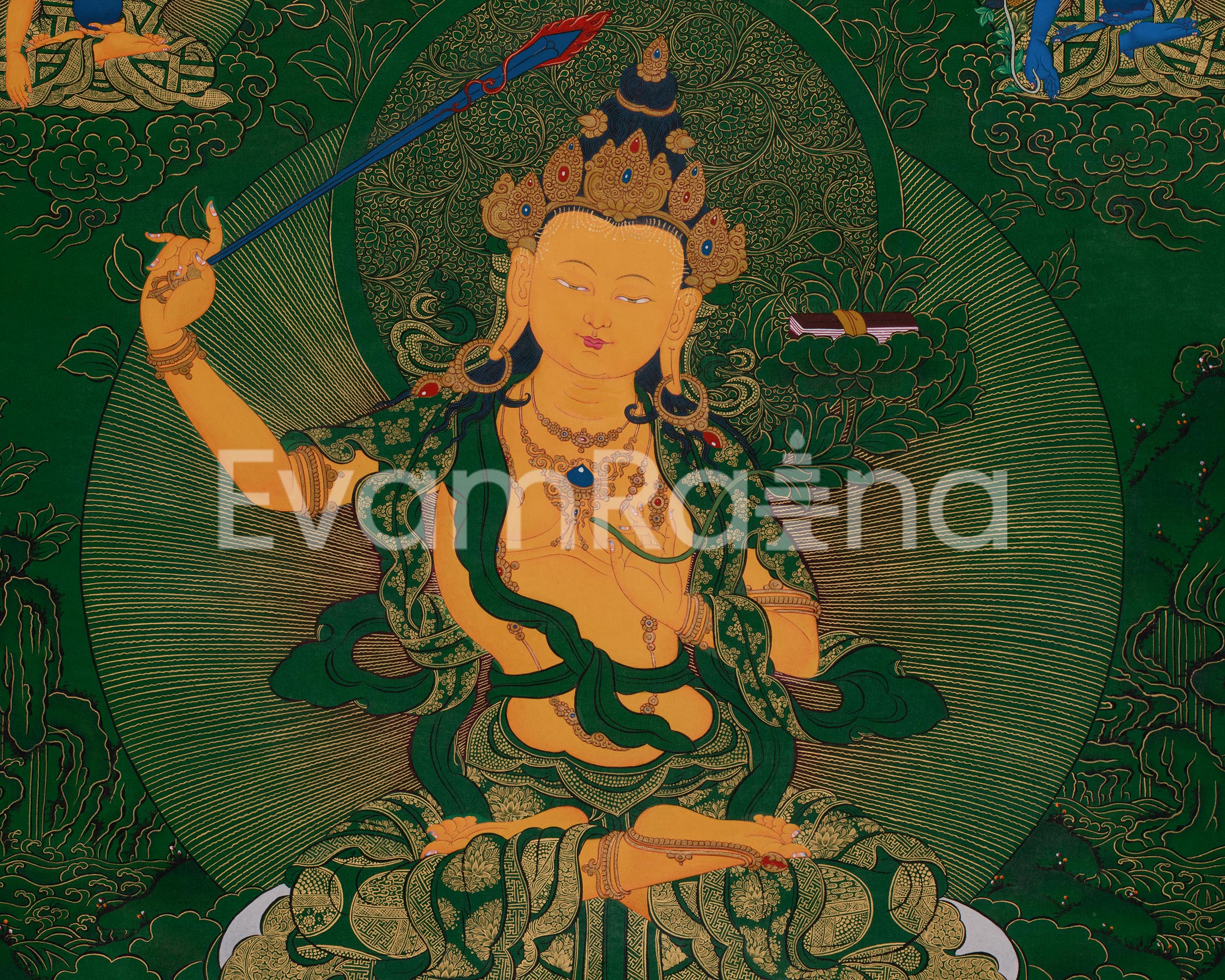 Tibetan Manjushri on Green Canvas | Wisdom Deity with Shakyamuni, Medicine Buddha, and Namtoshe