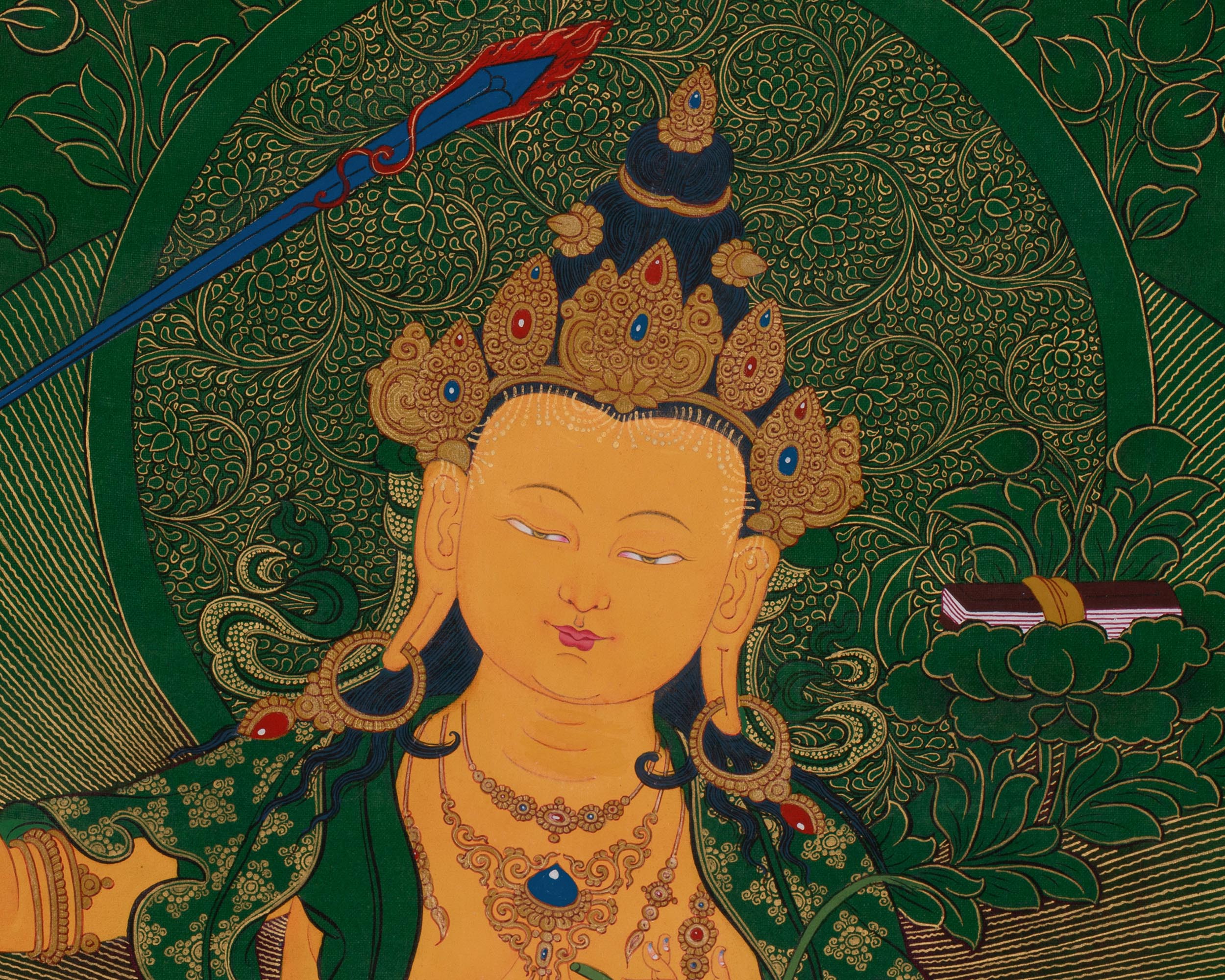 Tibetan Manjushri on Green Canvas | Wisdom Deity with Shakyamuni, Medicine Buddha, and Namtoshe