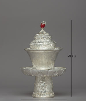 Traditional Silver Tea Cup with Red Stone on Top | Tibetan Buddhism Decor
