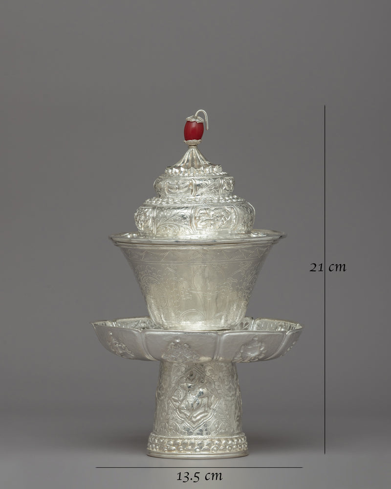 Traditional Silver Tea Cup with Red Stone on Top | Tibetan Buddhism Decor