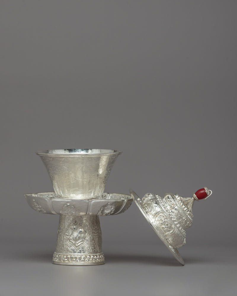 Traditional Silver Tea Cup with Red Stone on Top | Tibetan Buddhism Decor